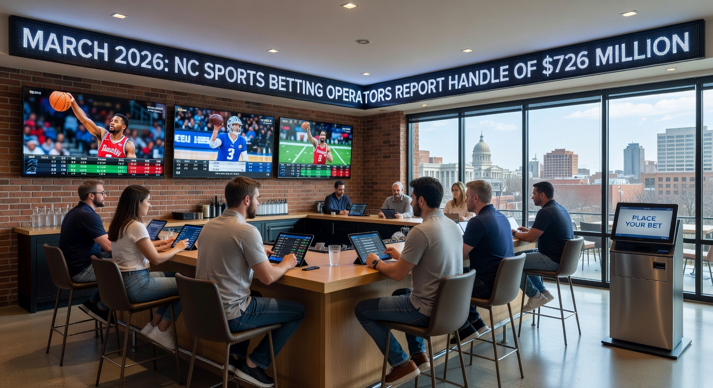Line graph depicting North Carolina sports betting hold rate progression from March 2025 to March 2026 alongside revenue metrics