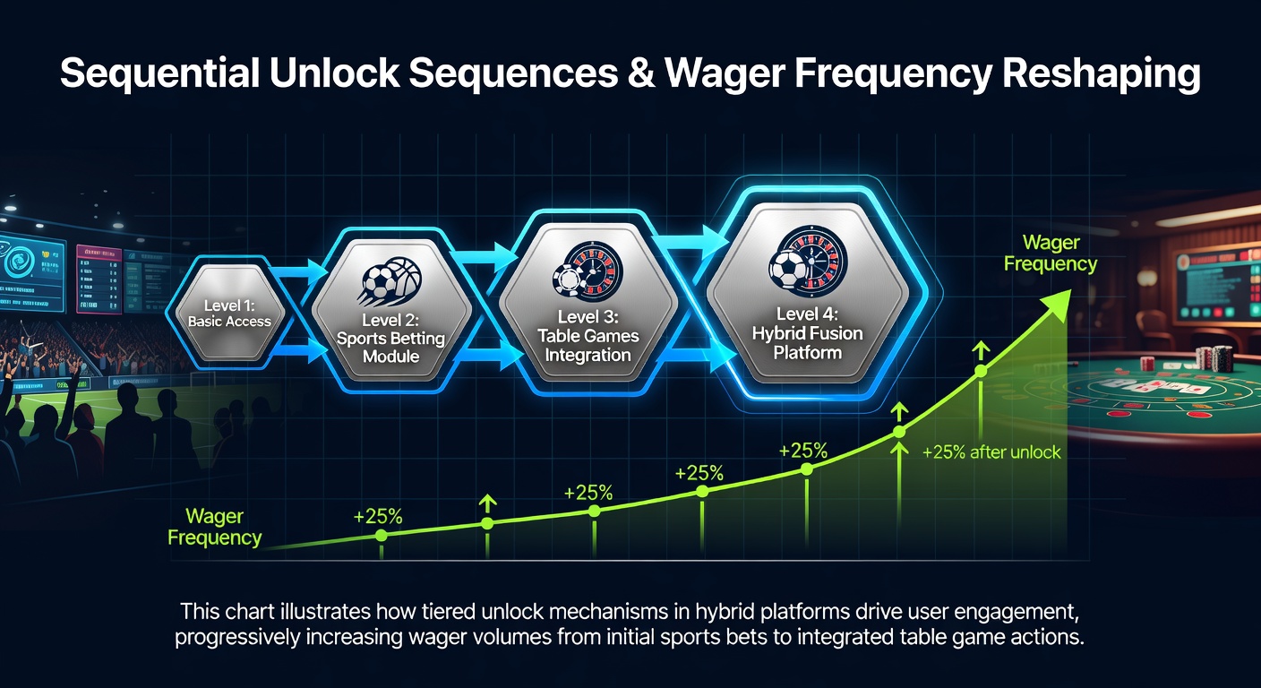 Sequential unlock sequences displayed on a hybrid betting dashboard showing progression from sports wagers to table game rewards