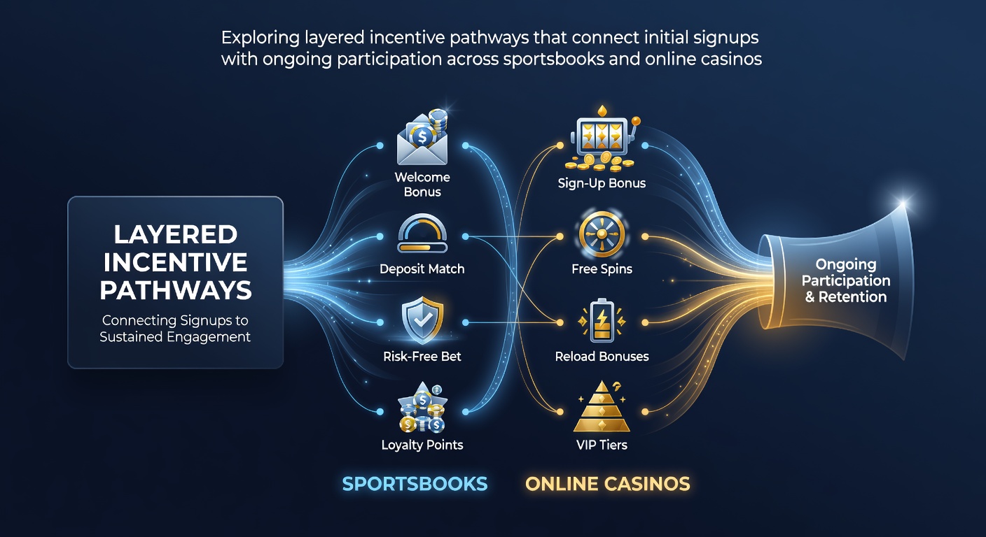 Diagram showing progression from signup bonuses through reload rewards to long-term loyalty programs on hybrid betting platforms