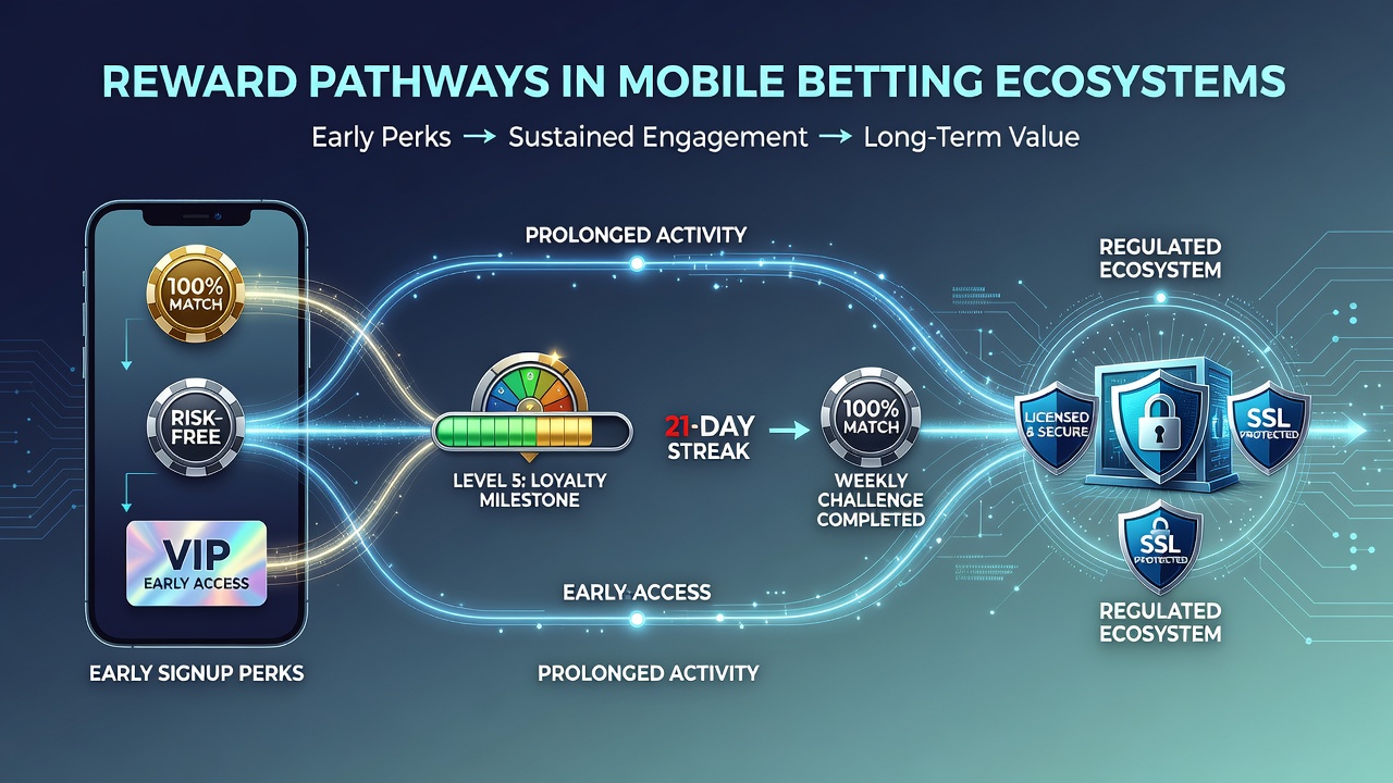 Mobile betting app interface showing signup bonus activation and reward tracking dashboard on a smartphone screen