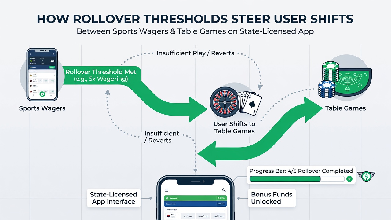 Analytics dashboard displaying user migration between sports and table game categories after bonus activation