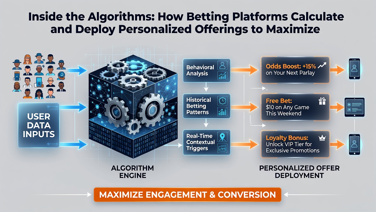 Illustration of algorithmic decision tree routing personalized offers to different user segments on a betting dashboard