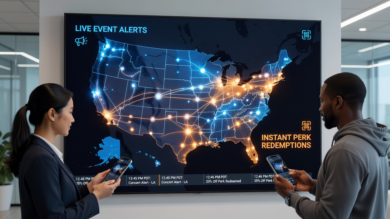 Illustration of real-time alert flows connecting to instant perk redemptions in multi-state networks
