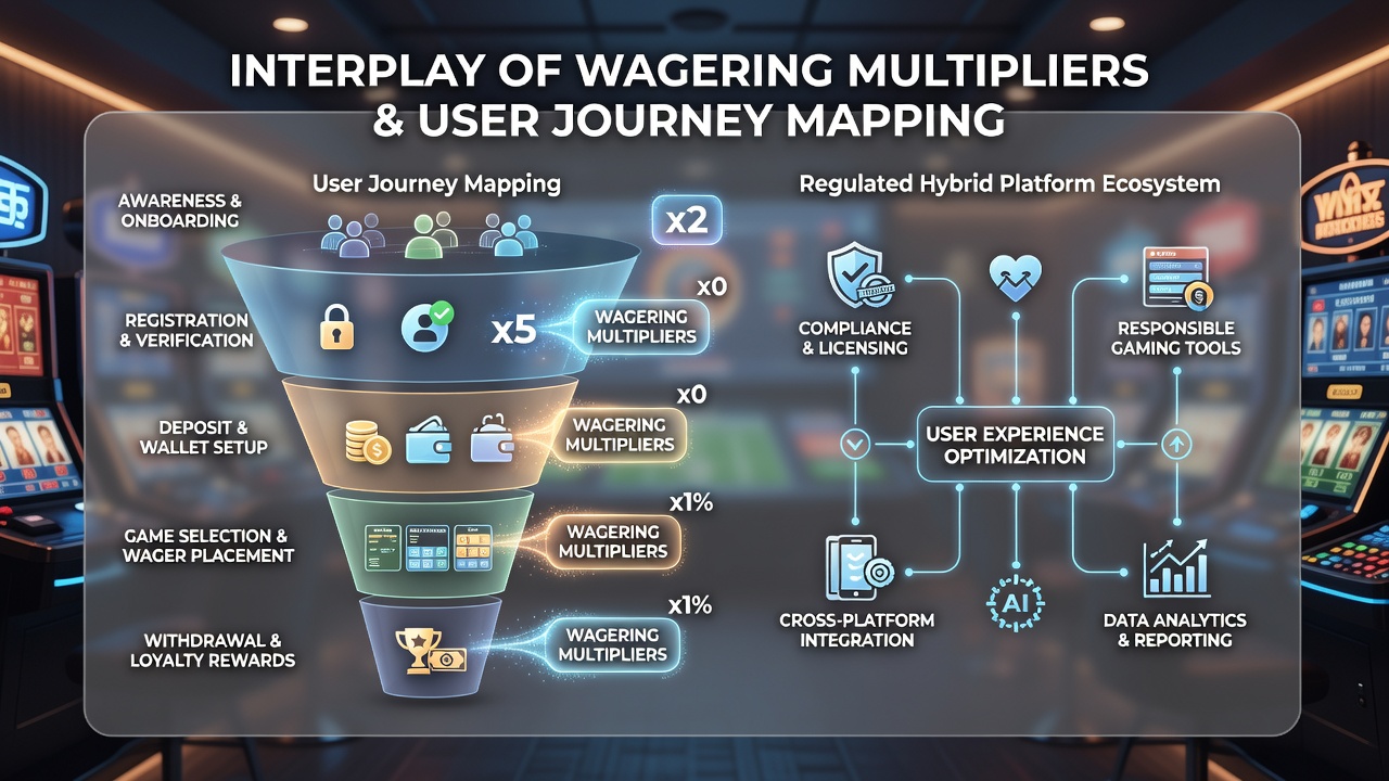 Diagram showing wagering multipliers integrated into user journey stages on hybrid betting platforms